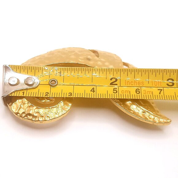 Vintage Brooch Hammered Curled Leaf Feather Design Gold Plated Metal Pin 3" - Picture 10 of 10